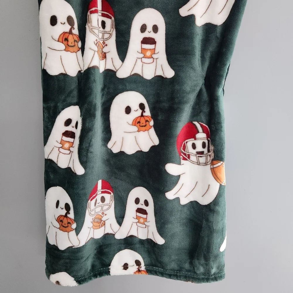 Rachel Dark Green Ghost Football Fall Pattern Pumpkin Plush Throw Blanket NWT